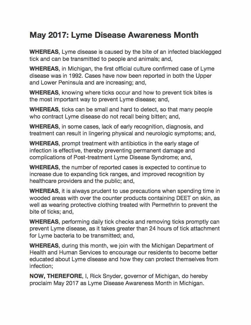 Michigan May Lyme Disease Awareness Proclamation 2017