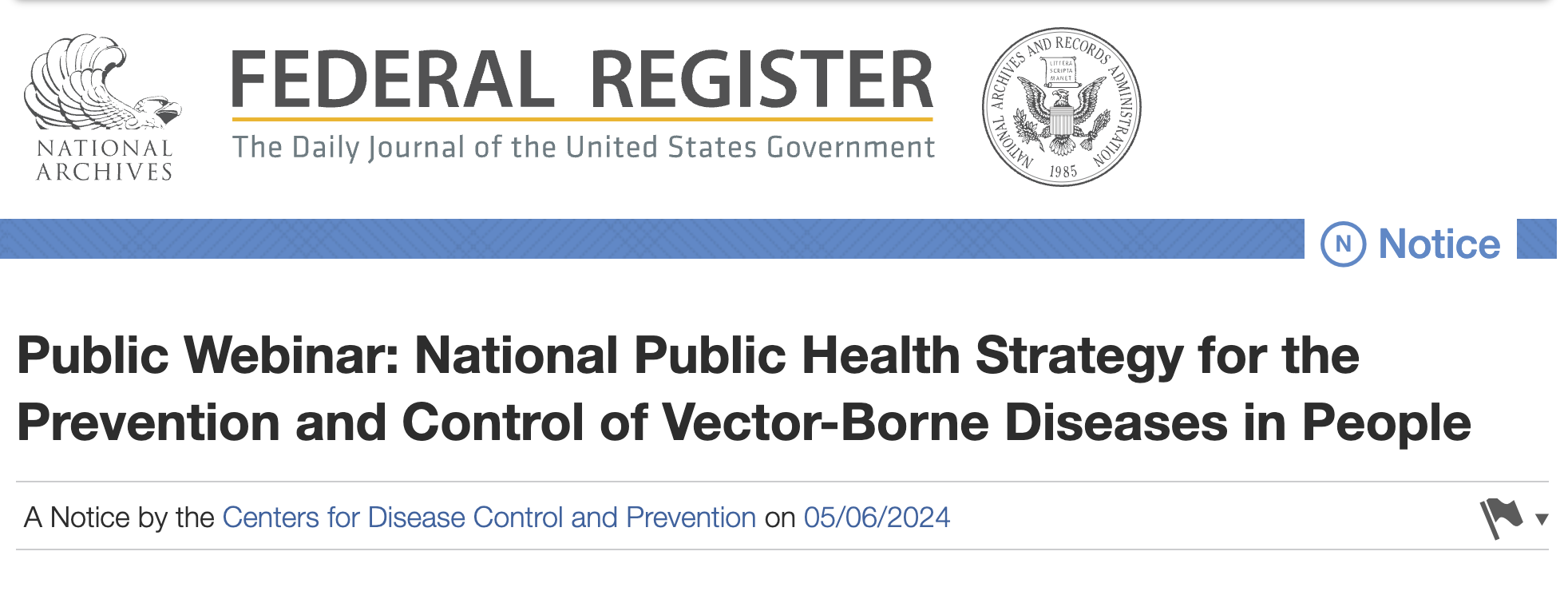 Federal Register on Strategy for Prevention and Control of Vector-Borne Diseases in People
